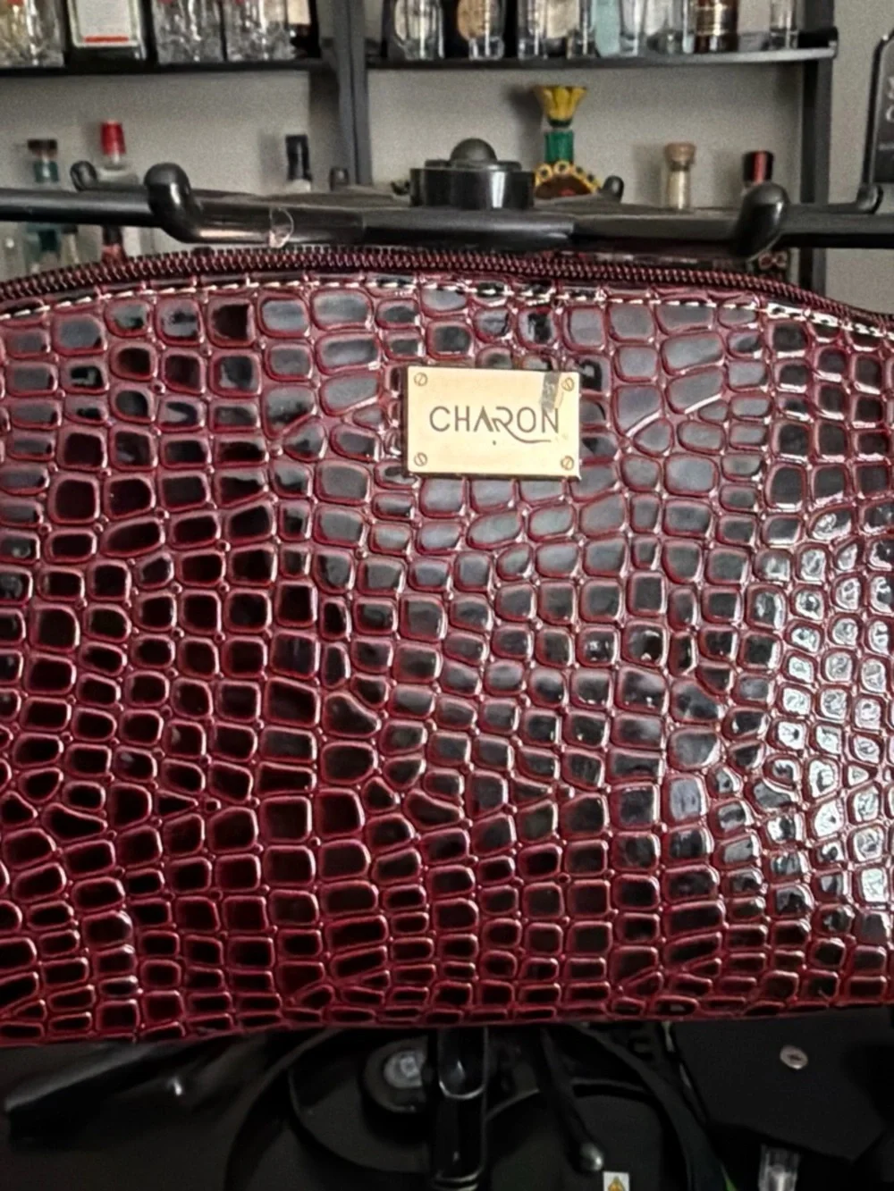 Women's Embossed Faux-Croc Cosmetic Bag in Deep Burgundy